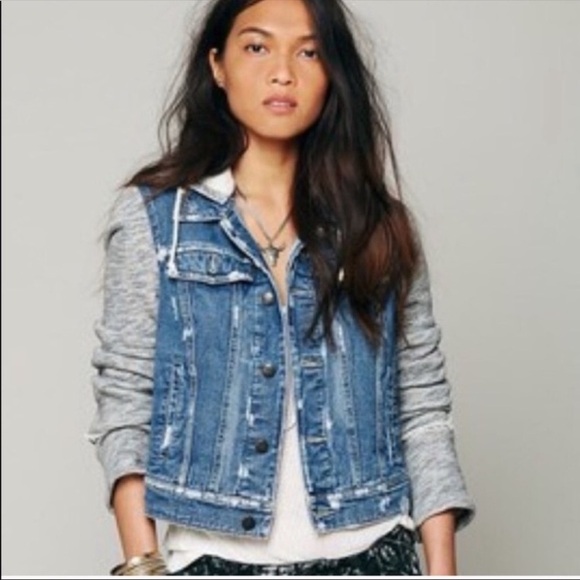 Free People Boho Grunge Hooded Denim Sweatshirt Streetwear Jacket - Picture 3 of 13